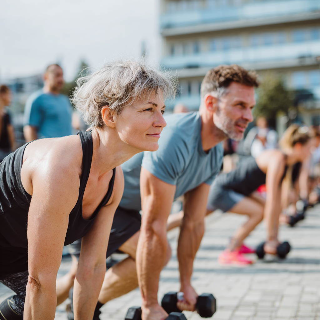 Group of diverse Ukrainian adults of different ages smiling after a successful fitness session in a modern gym environment