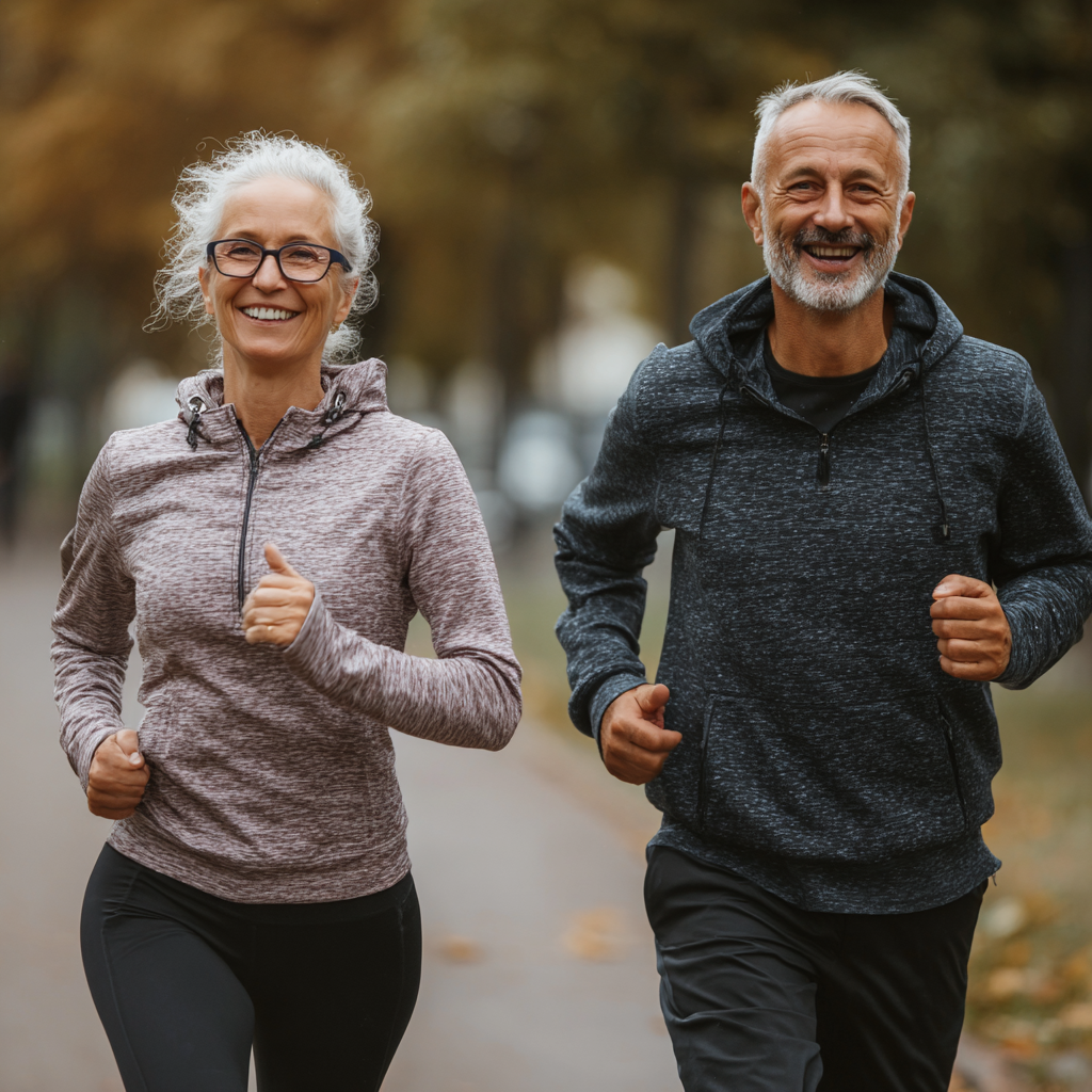 Happy Ukrainian elderly couple preparing healthy colorful vegetables and fruits in a bright kitchen setting